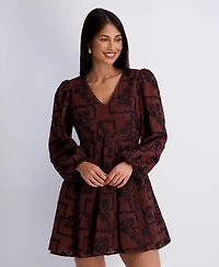 Kensie Women's Embroidered V-Neck Blouson Sleeve Mini Dress