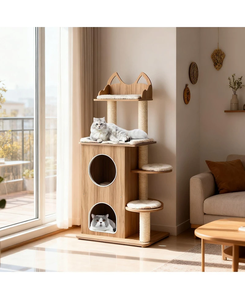 Gymax Wooden Cat Tree 48'' Cat Tower for Indoor Cats With 2-floor Condo Cute Top Perch
