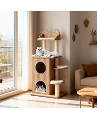 Gymax Wooden Cat Tree 48'' Cat Tower for Indoor Cats With 2-floor Condo Cute Top Perch