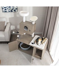 Gymax Cat Tree with Litter Box Enclosure 2-in-1 Modern Cat Tower with Cat Condo