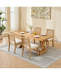 Maison Boucle Mid Century Modern Dining Chairs Set of 2, Farmhouse Rattan Cane Back Side Chairs, Linen Upholstered Seat, Solid Wood Frame