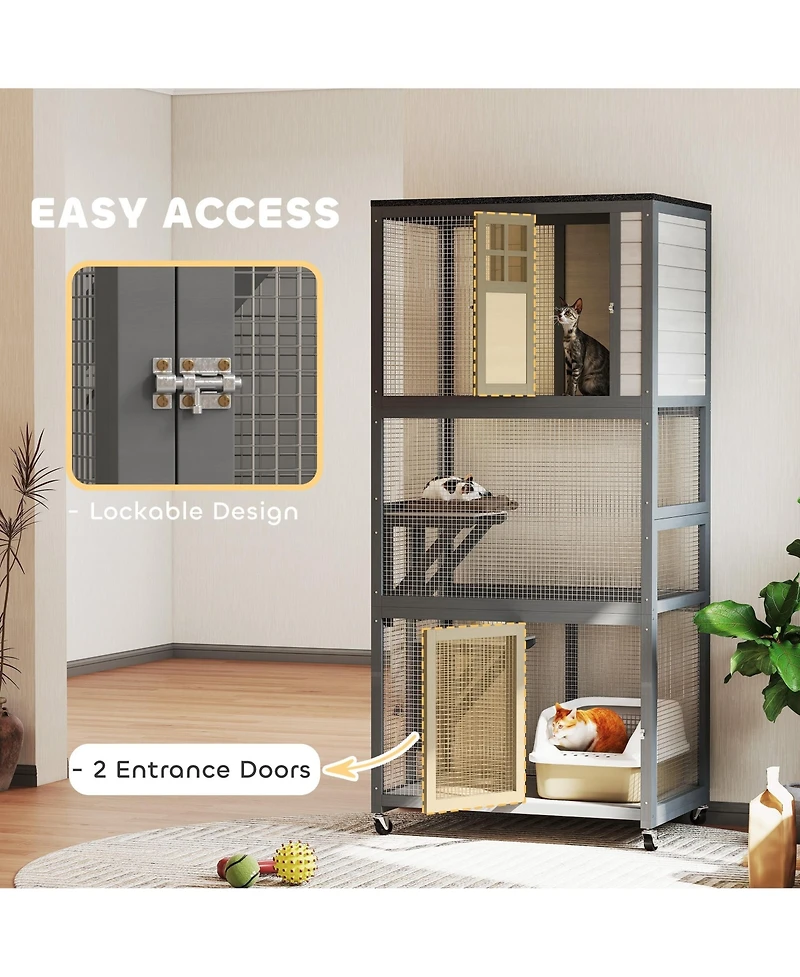 Ruie 74 inch Wooden Outdoor Cat House Catio on Wheels with 3 Perches