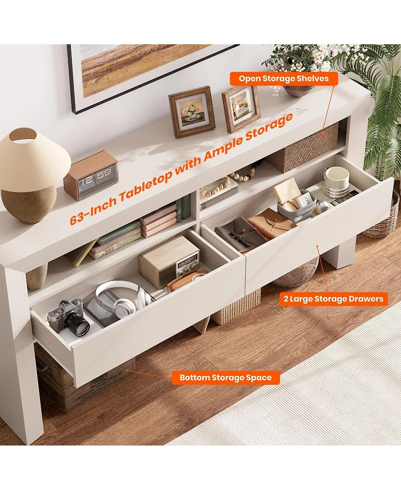 homfan Console Table with Drawers - 63" Farmhouse Entryway Open Storage Shelves, Narrow Sofa Behind Couch, Durable Pb+Mdf