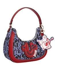 True Religion Graphic Horseshoe Hobo Bag with Buddha Charm and Logo Print