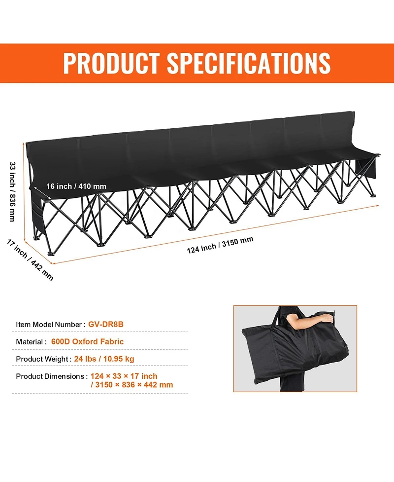 Sevorley 8-Seat Portable Folding Bench, Sideline Team Seating with Backrest, Side Pockets, and Carrying Bag