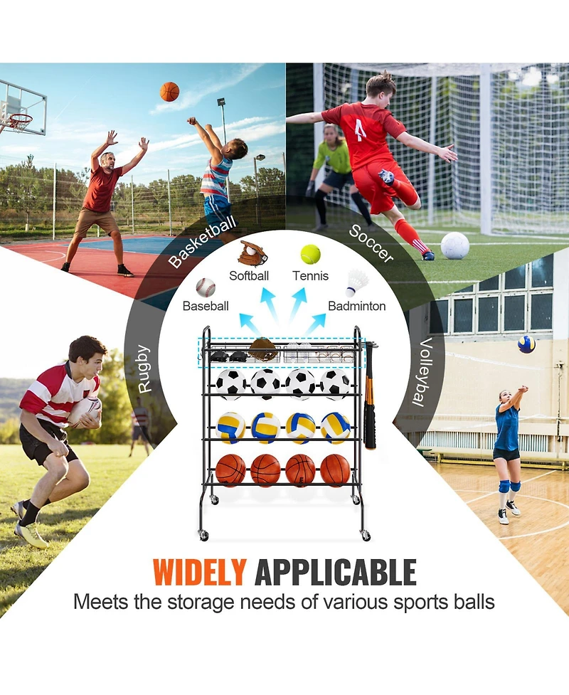 Sevorley 4-Tier Rolling Basketball Rack, Sports Ball Storage Organizer with Wheels, Hooks, and Baskets