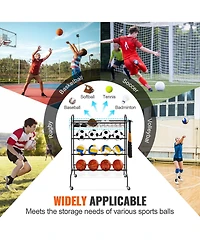 Sevorley 4-Tier Rolling Basketball Rack, Sports Ball Storage Organizer with Wheels, Hooks, and Baskets