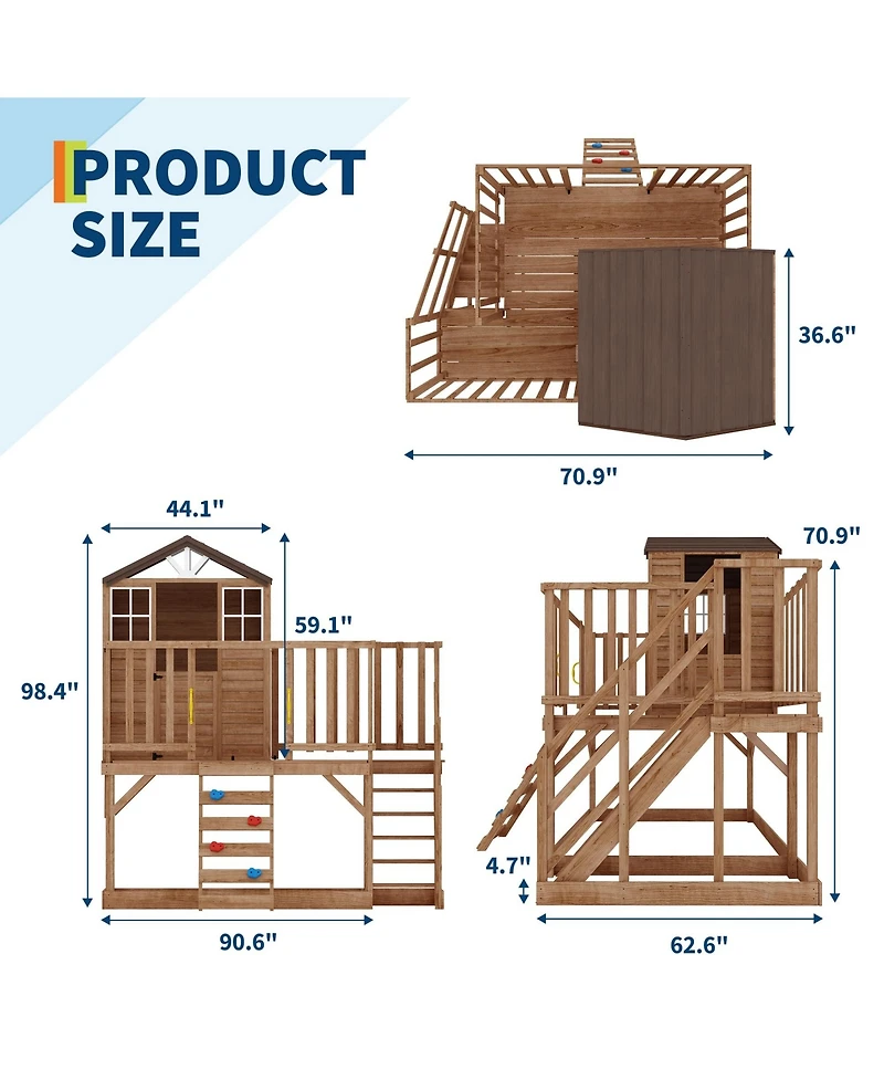 homfan 2 Story Wooden Playhouse, Brown Cedar Outdoor Playhouse with Climbing Wall and Step Ladder for Kids Ages 3 to 12