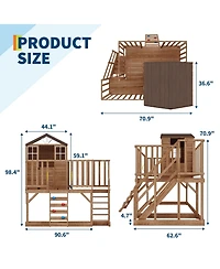 homfan 2 Story Wooden Playhouse, Brown Cedar Outdoor Playhouse with Climbing Wall and Step Ladder for Kids Ages 3 to 12