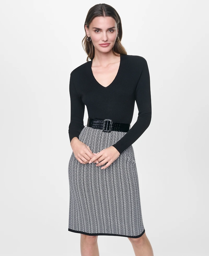 Dkny Women's Long Sleeve V-Neck Belted Sheath Sweater Dress
