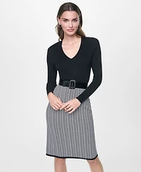 Dkny Women's Long Sleeve V-Neck Belted Sheath Sweater Dress