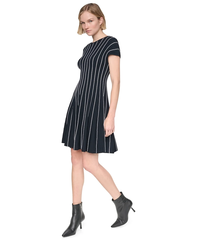 Dkny Women's Cap Sleeve Crew Neck Ribbed Fit and Flare Sweater Dress