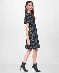 Dkny Women's Short Bubble Sleeve V-Neck Fit and Flare Dress
