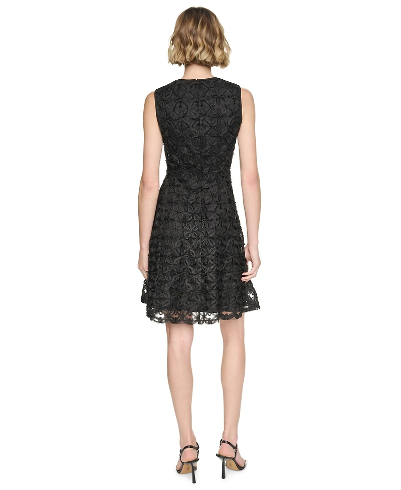 Dkny Women's Sleeveless Crew Neck Lace Fit and Flare Dress