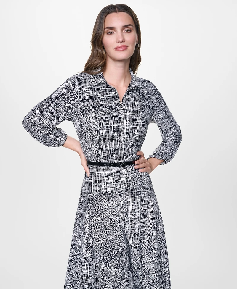 Dkny Women's Long Balloon Sleeve Collared Belted Midi Shirt Dress