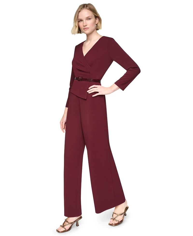 Dkny Women's Long Sleeve V-Neck Belted Wide-Leg Jumpsuit
