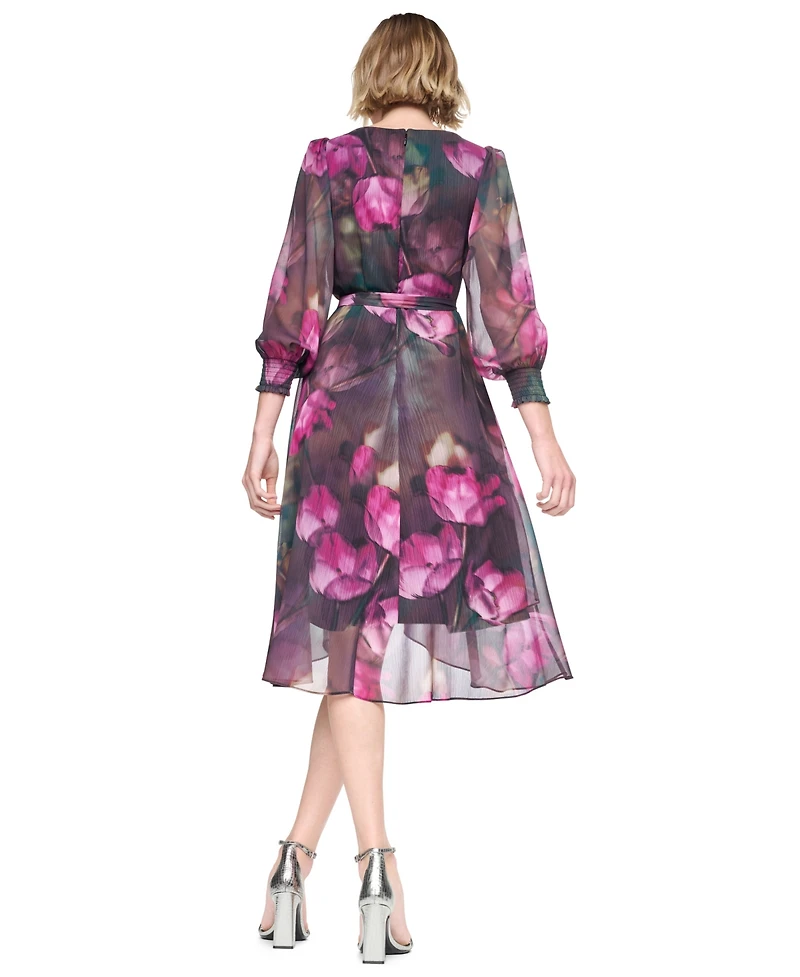 Dkny Women's Long Sleeve Smocked-Cuff Faux Wrap Midi Dress
