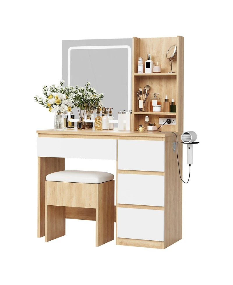 homfan Vanity Desk with Led Mirror, 4 Drawers, Power Outlet, Shelves and Storage Stool, Makeup Set for Bedroom