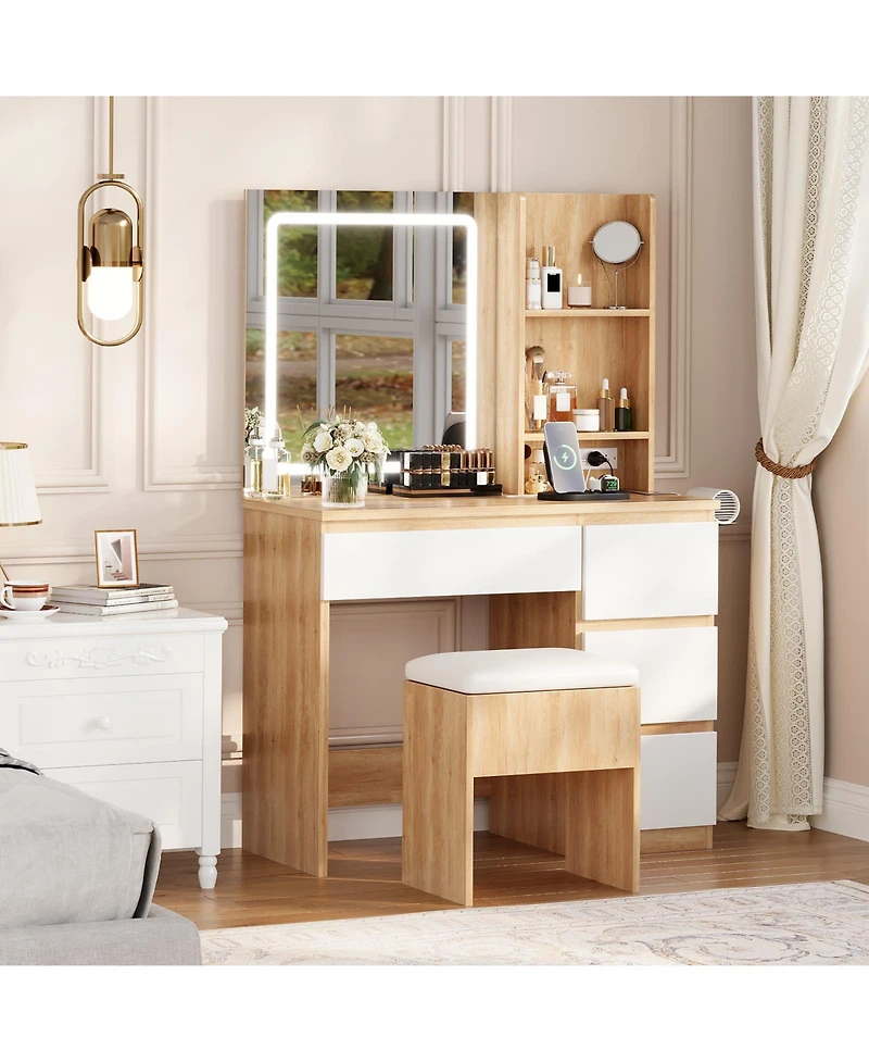 homfan Vanity Desk with Led Mirror, 4 Drawers, Power Outlet, Shelves and Storage Stool, Makeup Set for Bedroom