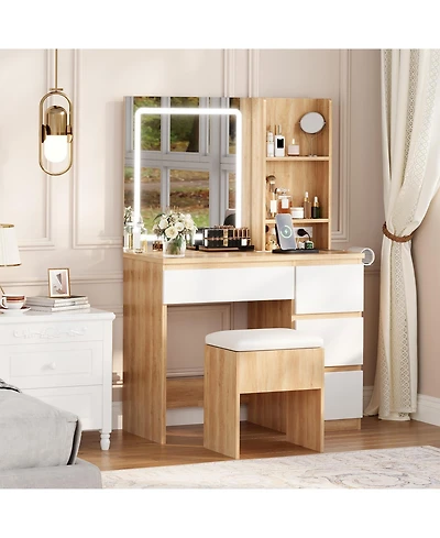 homfan Vanity Desk with Led Mirror, 4 Drawers, Power Outlet, Shelves and Storage Stool, Makeup Set for Bedroom