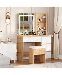 homfan Vanity Desk with Led Mirror, 4 Drawers, Power Outlet, Shelves and Storage Stool, Makeup Set for Bedroom