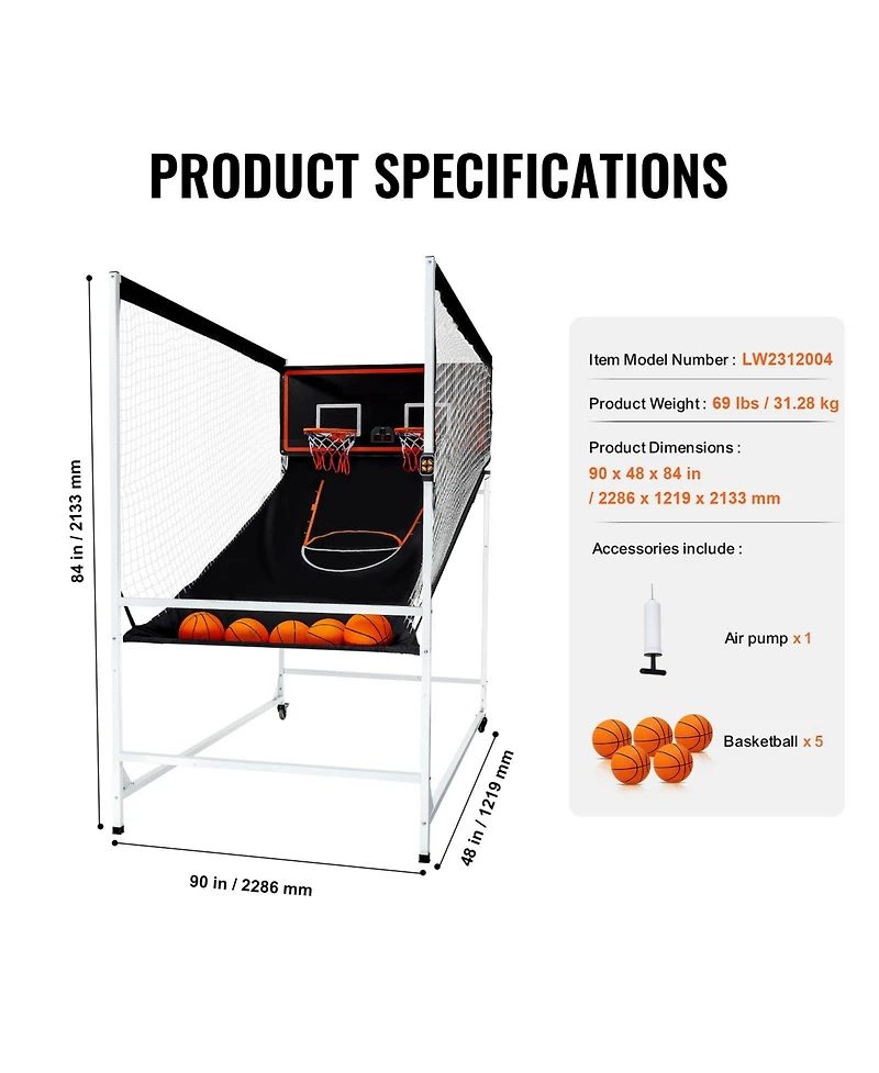 Sevorley Arcade Cage Basketball Game, 2-Player Indoor Dual Shot Hoops with 5 Balls, 8 Game Modes, Electronic Scoreboard and Pump