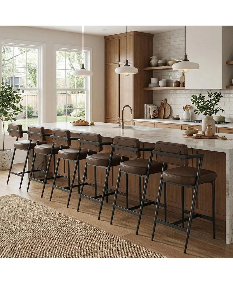 homfan Set of 6 27" Counter Height Bar Stools with Armrests, Faux Leather Upholstery and Footrest, for Kitchen Island,Brown