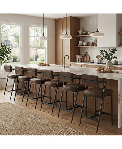 homfan Set of 6 27" Counter Height Bar Stools with Armrests, Faux Leather Upholstery and Footrest, for Kitchen Island,Brown