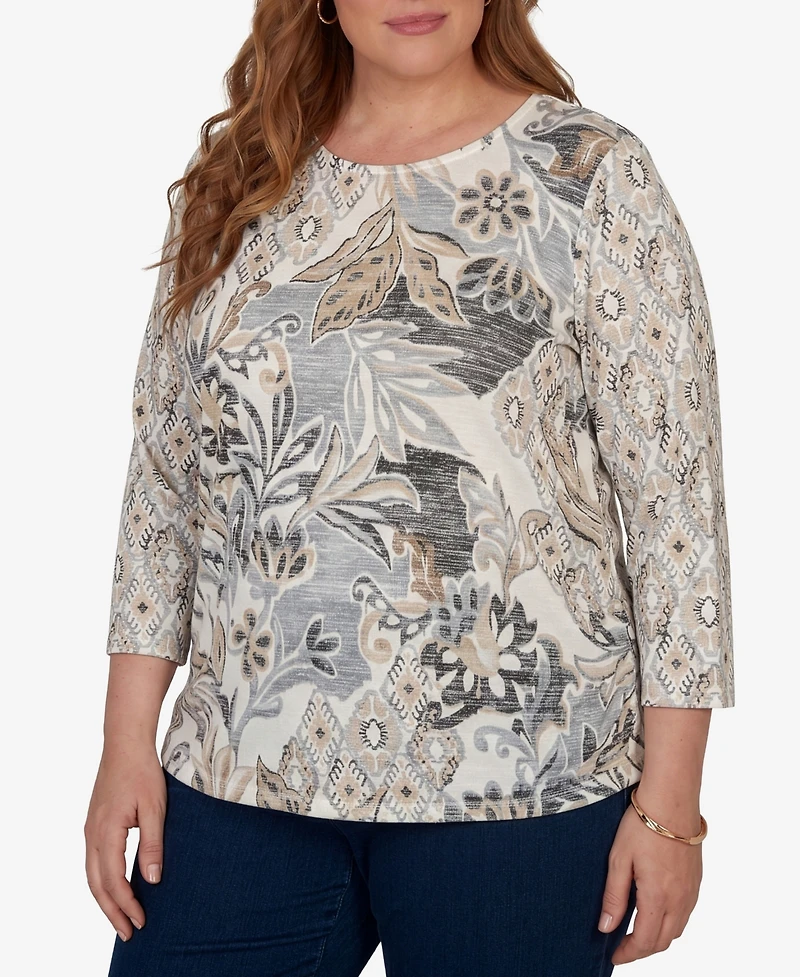 Alfred Dunner Plus Geo Leaf Patchwork Knit Top