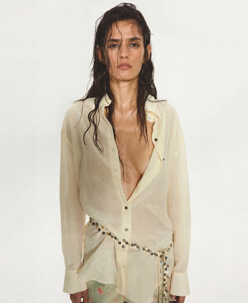 Mango Women's Beaded Belt Semi-Sheer Shirt