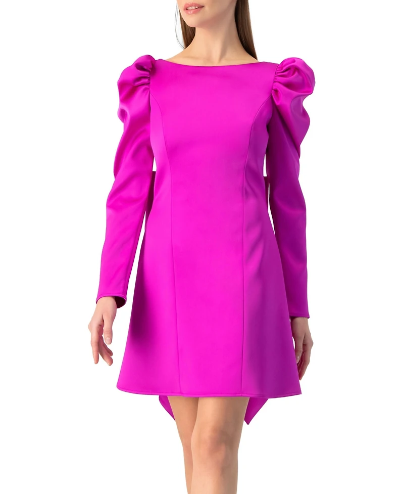 Ivonne Women's Puff-Sleeve Open-Back Bow Mini Dress Satin