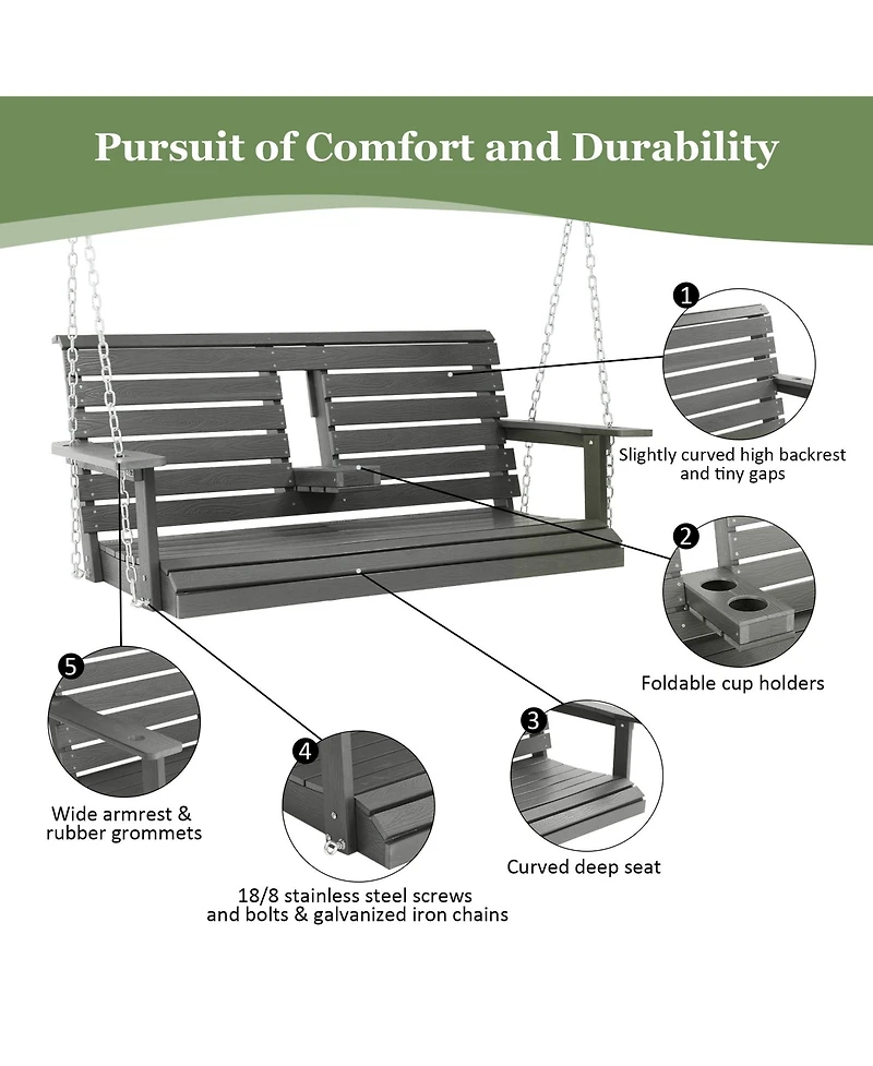 Innovaze 4.5 Ft Large Size 2-Seat Poly Lumber Hips Porch Swing with Foldable Cup Holders and Curved Deep Seat for Outdoor Porch Garden(Navy Blue)