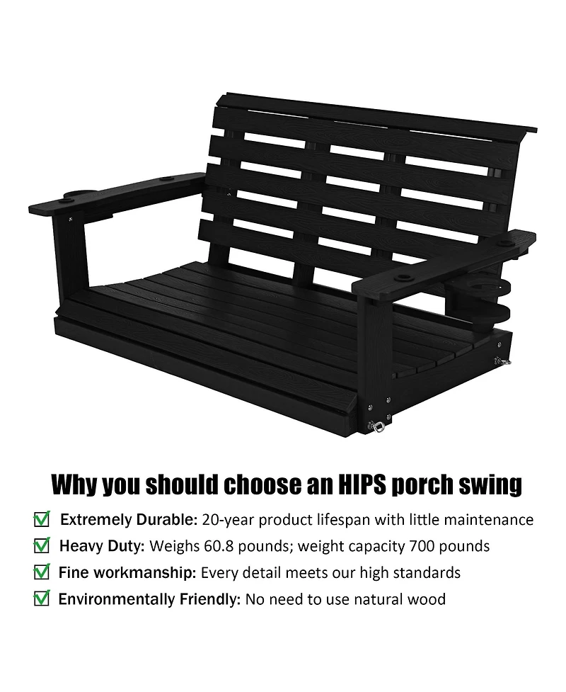 Innovaze 4ft All-Weather Hips Outdoor Porch Swing, Heavy-Duty Hanging Patio Bench with Foldable Cup Holders and Stainless Steel Hardware