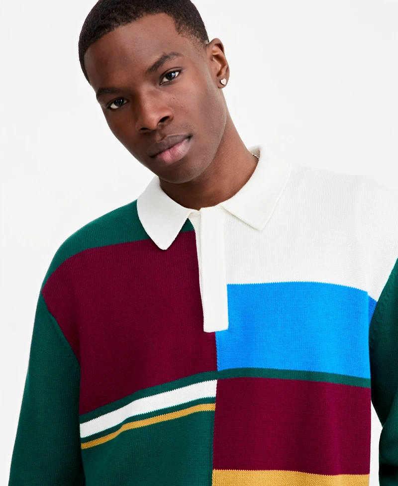 Mode of One Men's Spliced Long-Sleeve Relaxed-Fit Polo Shirt, Macy's Exclusive