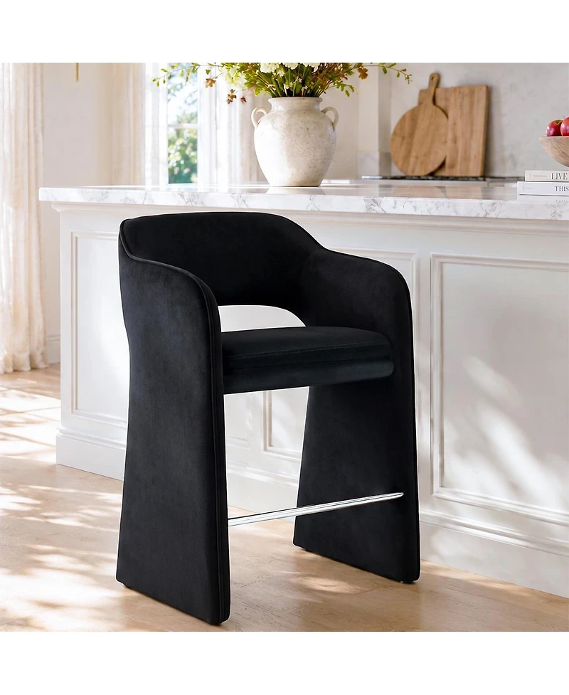 Maison Boucle Counter-Height Velvet Bar Stool With Arms, Upholstered Low-Back Counter Stool, Waterfall Silhouette