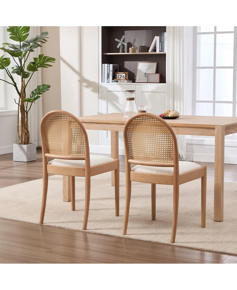 Maison Boucle Modern Rattan Back Dining Chairs Set of 2, Upholstered Side with Backrests, Kitchen and Room Chairs, Solid Wood Legs