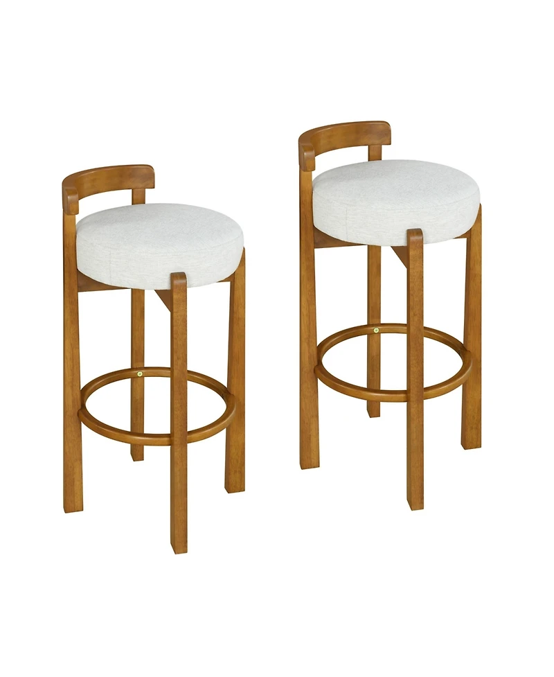 Maison Boucle Bar Height Stools Set of 2, Solid Wood Frame, Upholstered Round Seat, Low Back with Ring Footrest for Kitchen Island