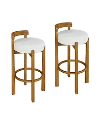 Maison Boucle Bar Height Stools Set of 2, Solid Wood Frame, Upholstered Round Seat, Low Back with Ring Footrest for Kitchen Island