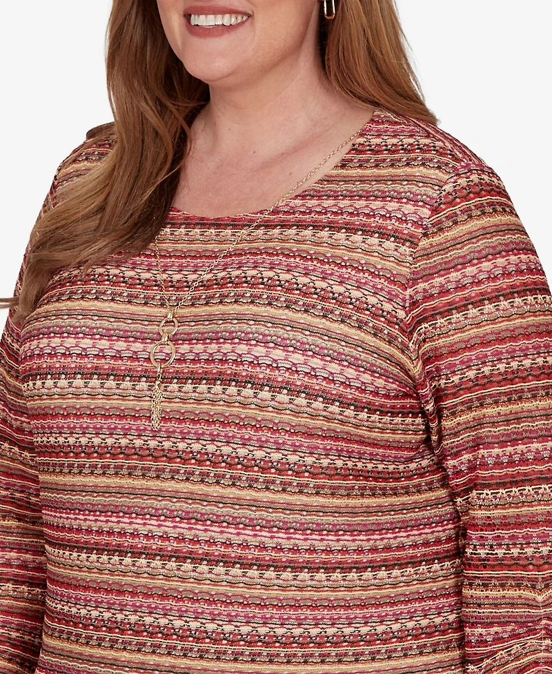 Alfred Dunner Plus Union Square Spacedye Biadere Stripe Top with Necklace