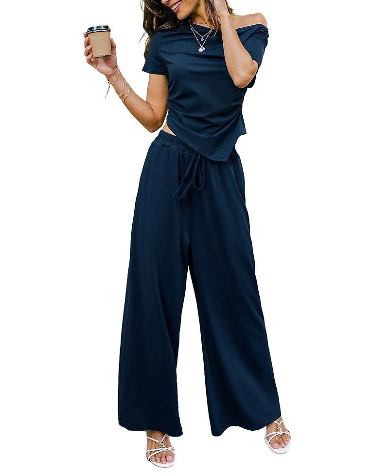 Cupshe Women's Pure Mood V-Neck Wide-Leg Short-Sleeve Top and Pants Set