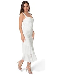 Bebe Women's V-Neck Ruched Mesh Midi Dress