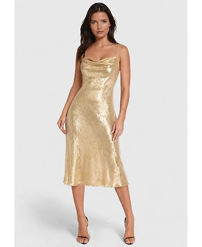 Bebe Women's Foil Finish Cowl Neck Midi Slip Dress