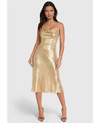 Bebe Women's Foil Finish Cowl Neck Midi Slip Dress