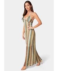 Bebe Women's Crochet Stripe Halter A-Line Maxi Dress