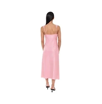 Bebe Women's Crushed Satin Slip Midi Lace-Trimmed V-Neck Dress