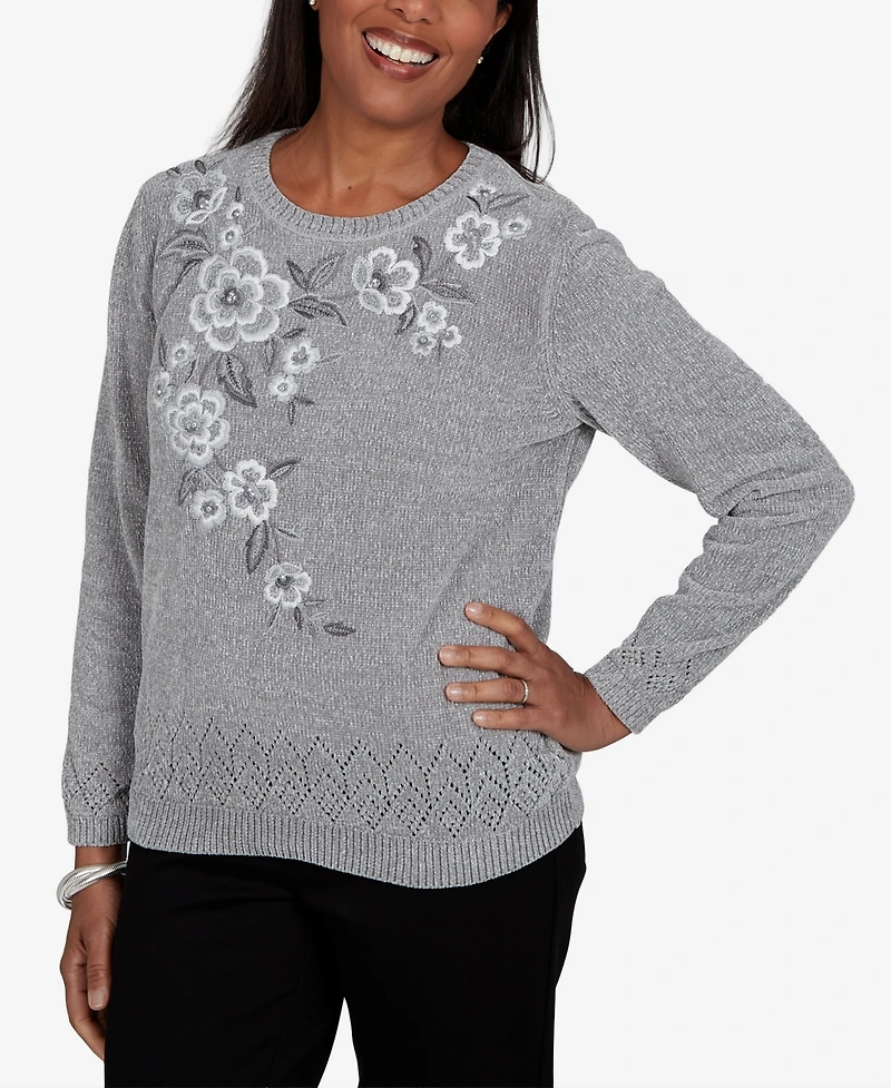 Alfred Dunner Petite Classic Embroidered Floral Textured Chenille Sweater
