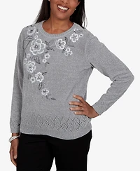 Alfred Dunner Petite Classic Embroidered Floral Textured Chenille Sweater