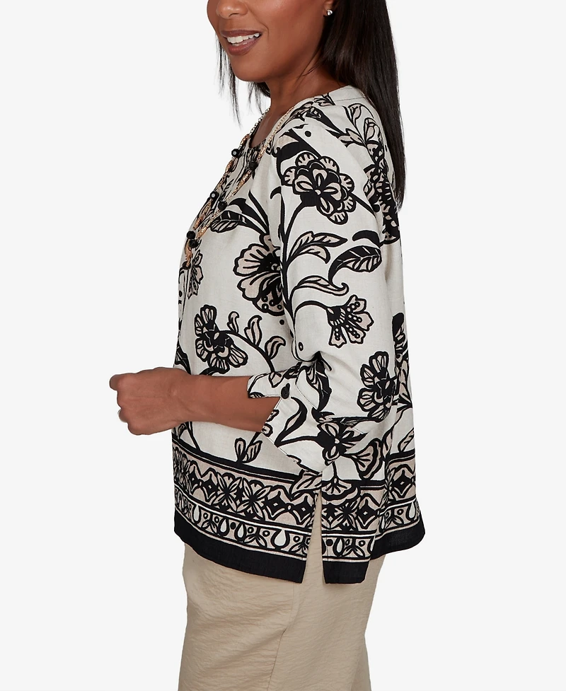 Alfred Dunner Petite Travel Advisory Scroll Border Top With Necklace