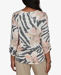 Alfred Dunner Petite Travel Advisory Animal Floral Henley Top