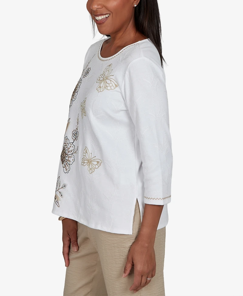 Alfred Dunner Petite Travel Advisory Floral Butterfly Line Embroidered Top